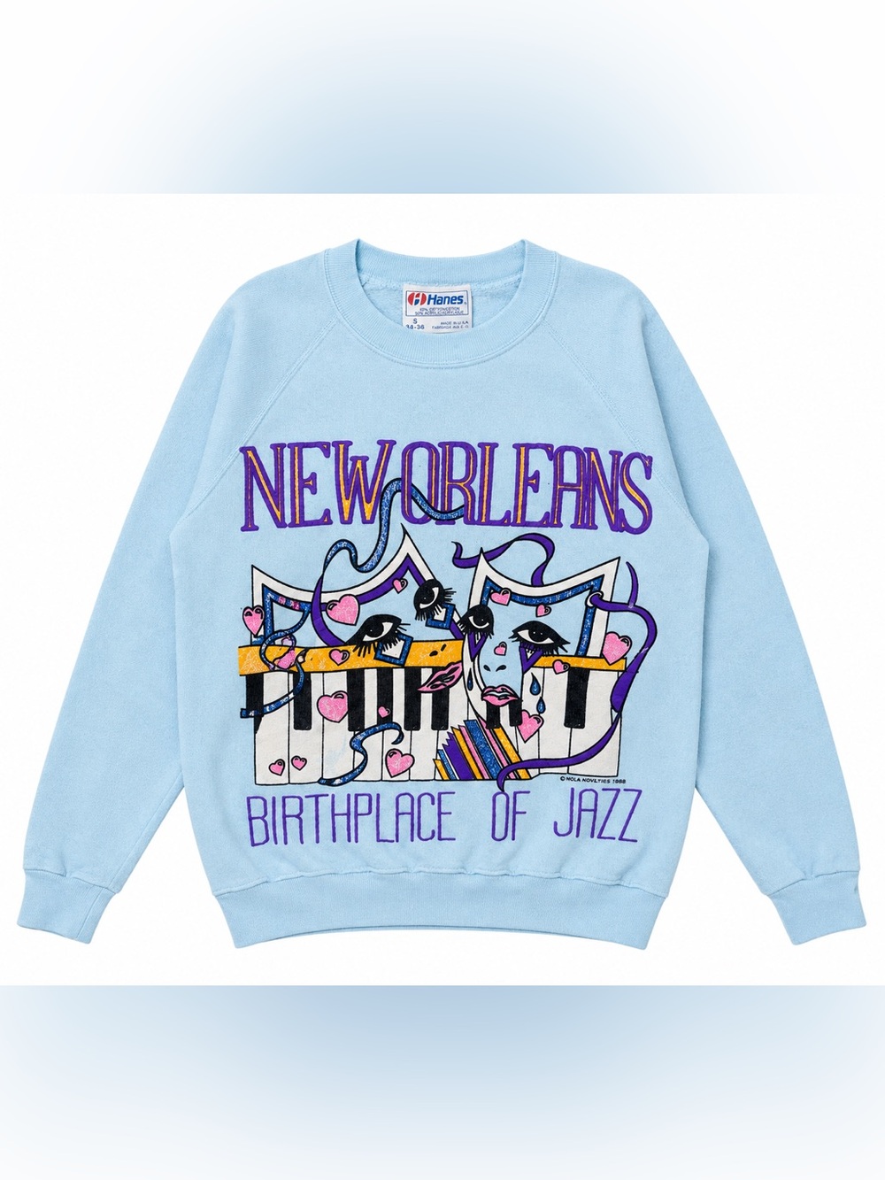 VTG 80s Hanes New Orleans Jazz Sweatshirt S USA Baby Blue Mardi Gras Piano Mask